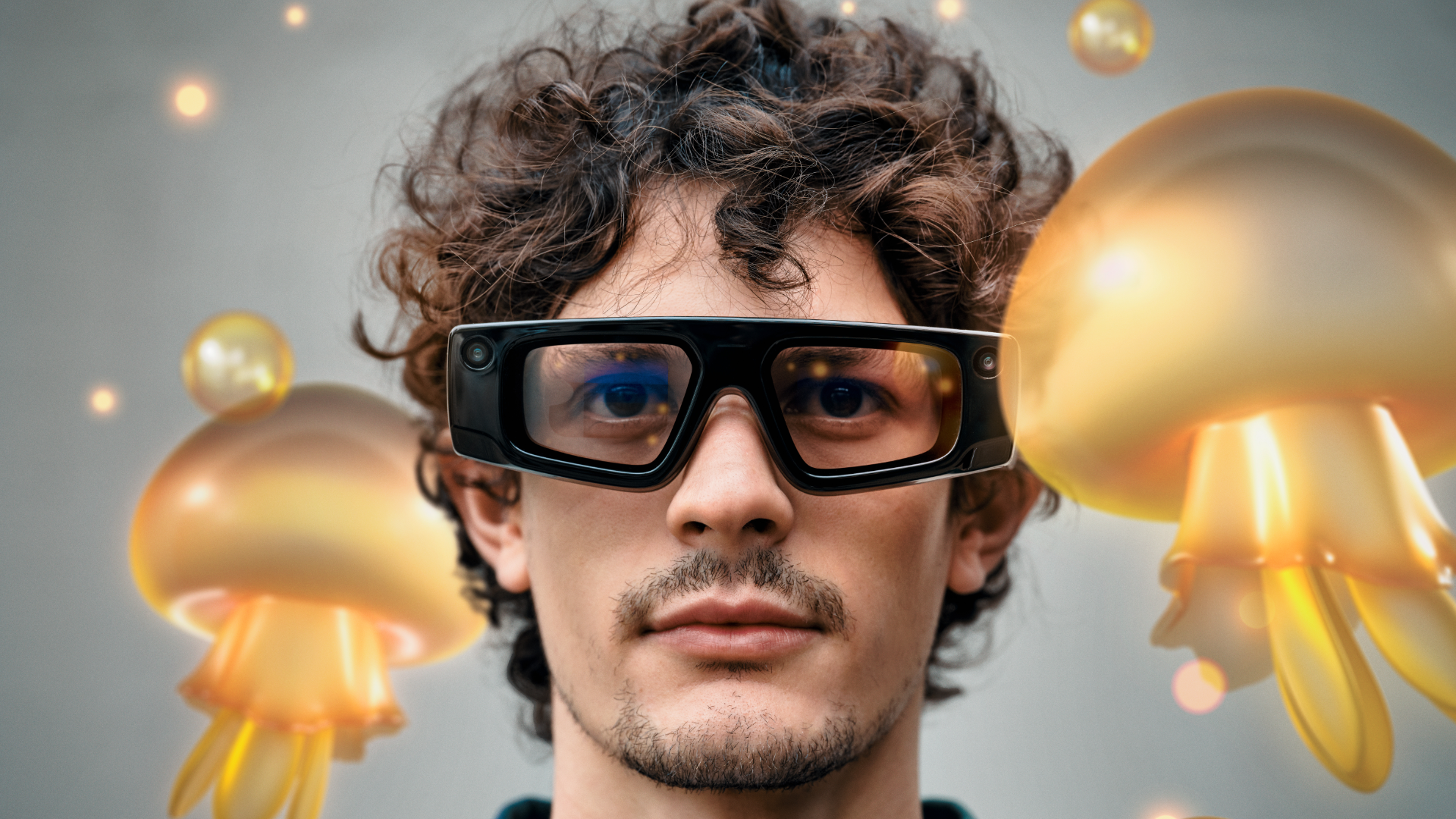 A man wears an AR headset, surrounded by virtual jellyfish.