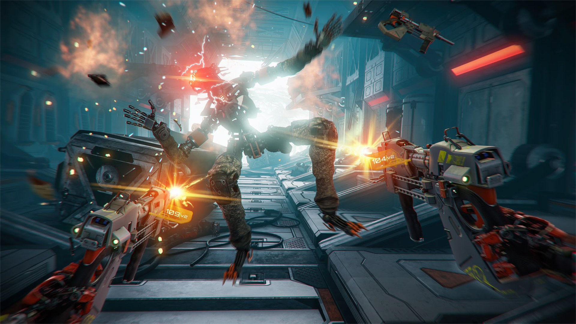 First-person shooter with an exploding robot in a futuristic corridor, several weapons with number displays in the foreground.
