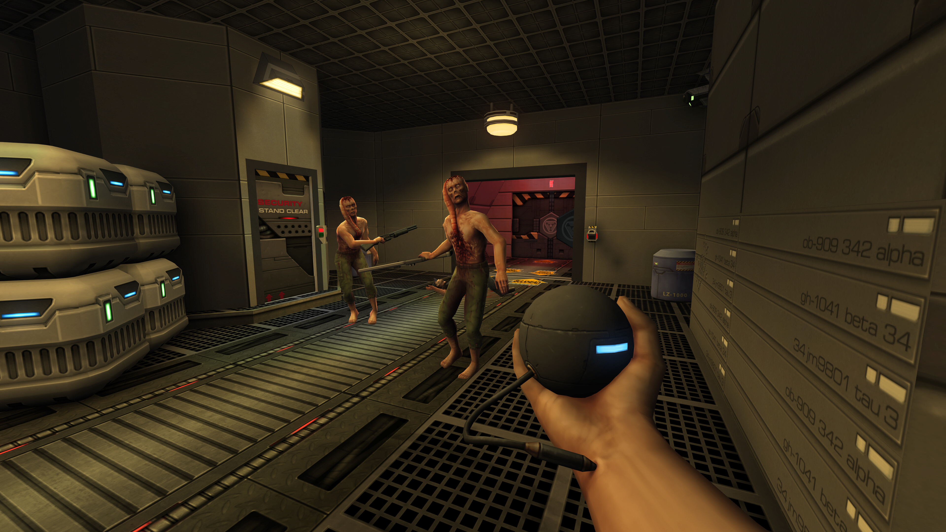 First-person perspective in video game: Hand holding drone, two mutated enemies in the background, dark room, science fiction setting.