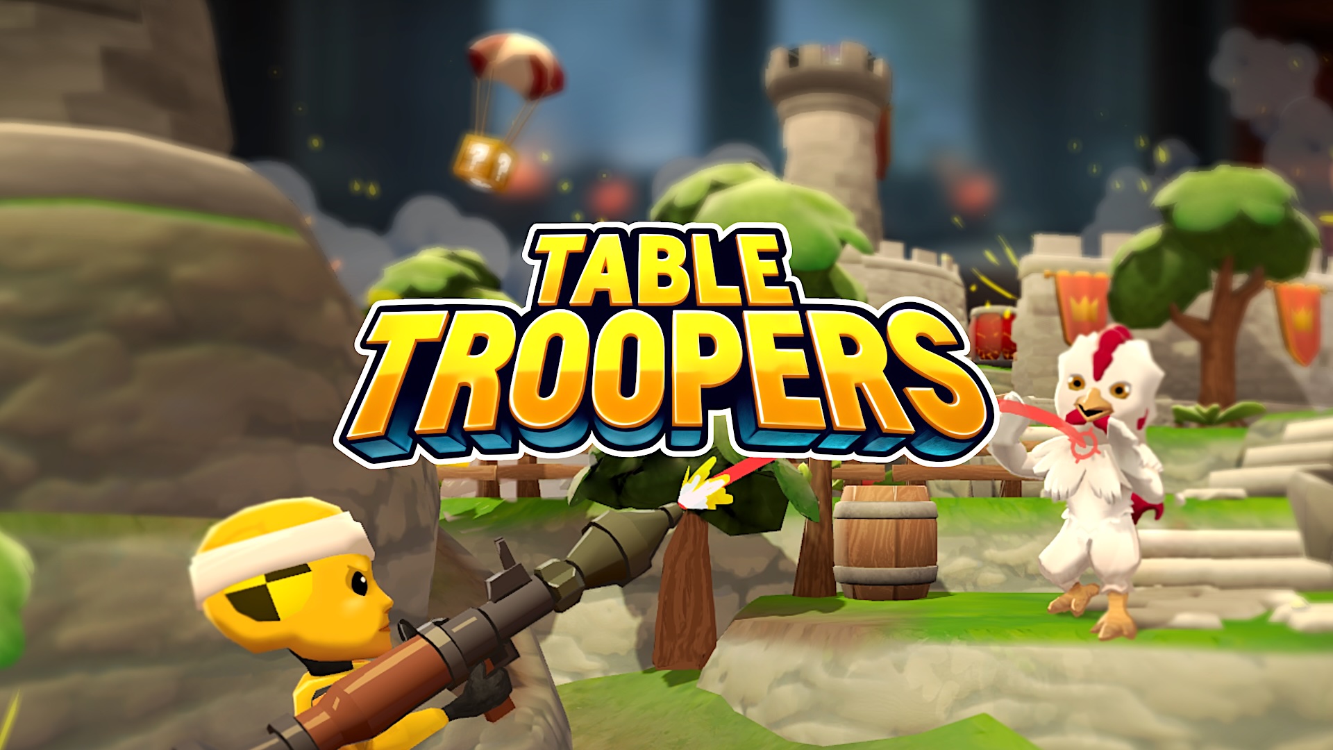 Yellow toy soldier fires rocket, white chicken in the foreground, castle in the background, "Table Troopers" logo.
