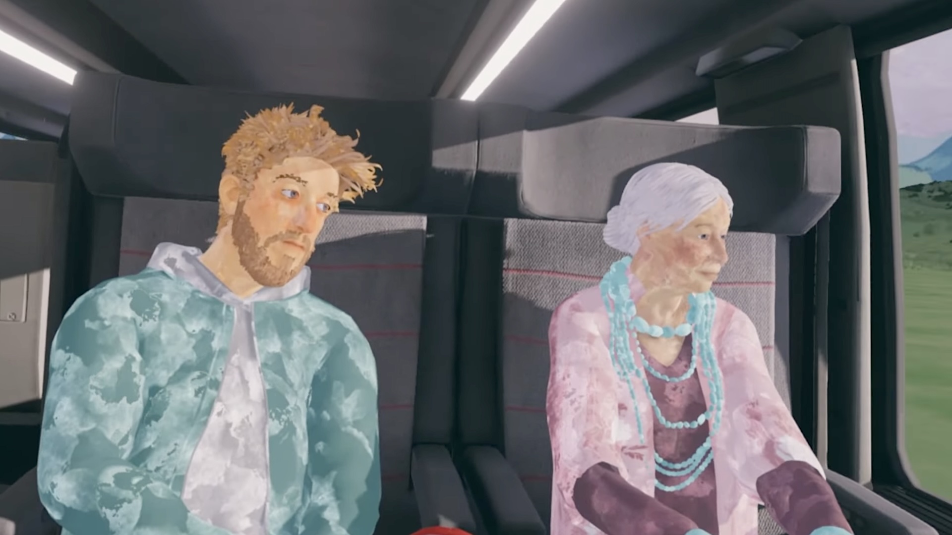 Two figures in a train compartment. On the left a young man with blond hair and a blue-green jacket, on the right an older woman with white hair and a pink top.