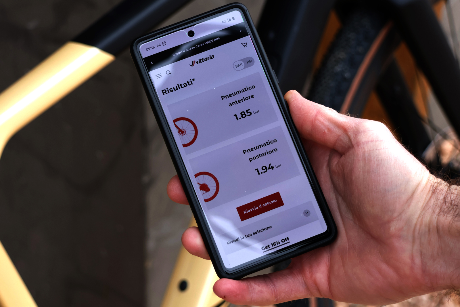Phone screen showing results of Vittoria tyre pressure calculator.