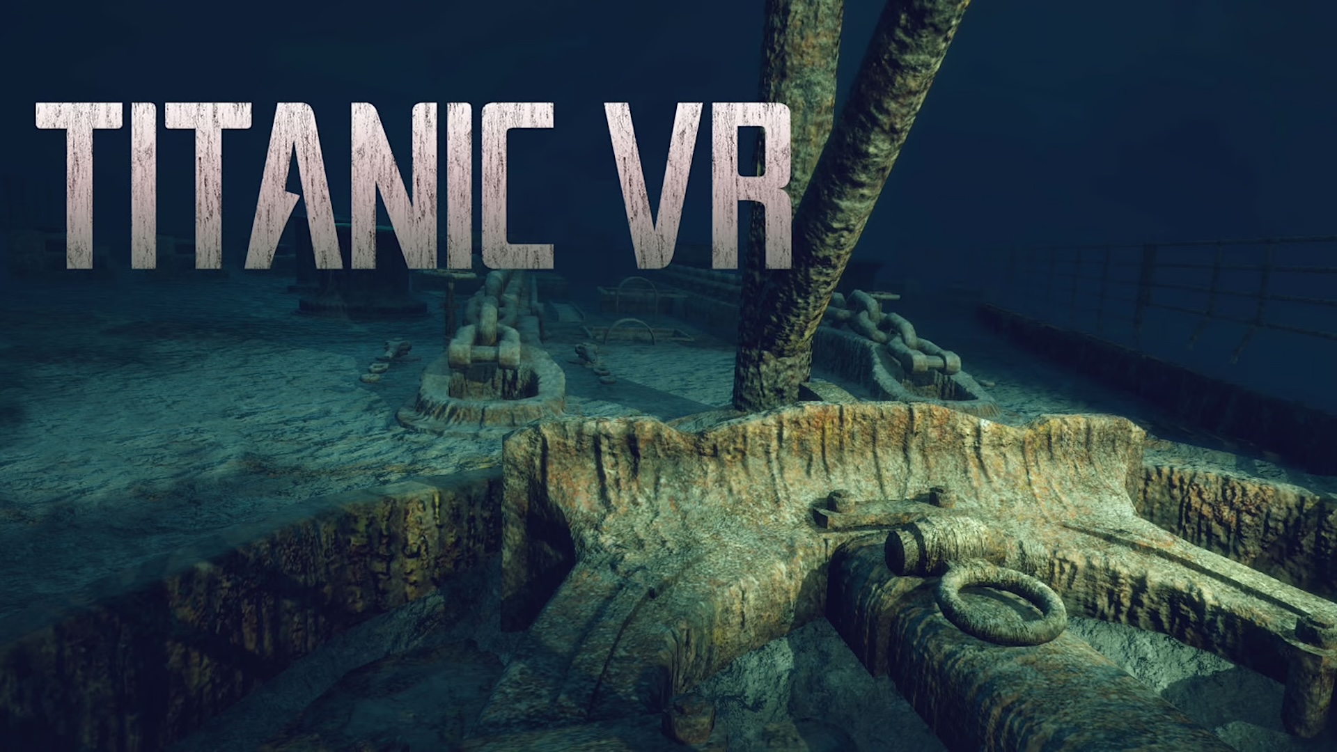 Screenshot from Titanic VR: View of part of the wreck with anchors and chains on the seabed.