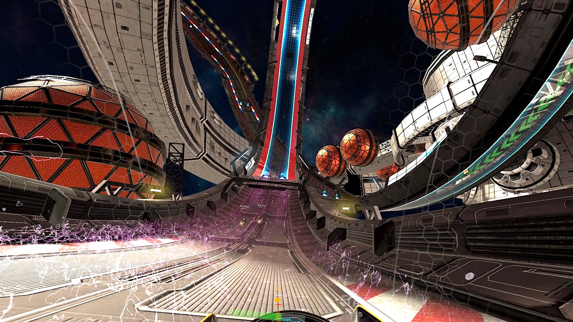 View from the racing cockpit of a futuristic track in space, two other vehicles, orange spheres and a complex space station in the background.
