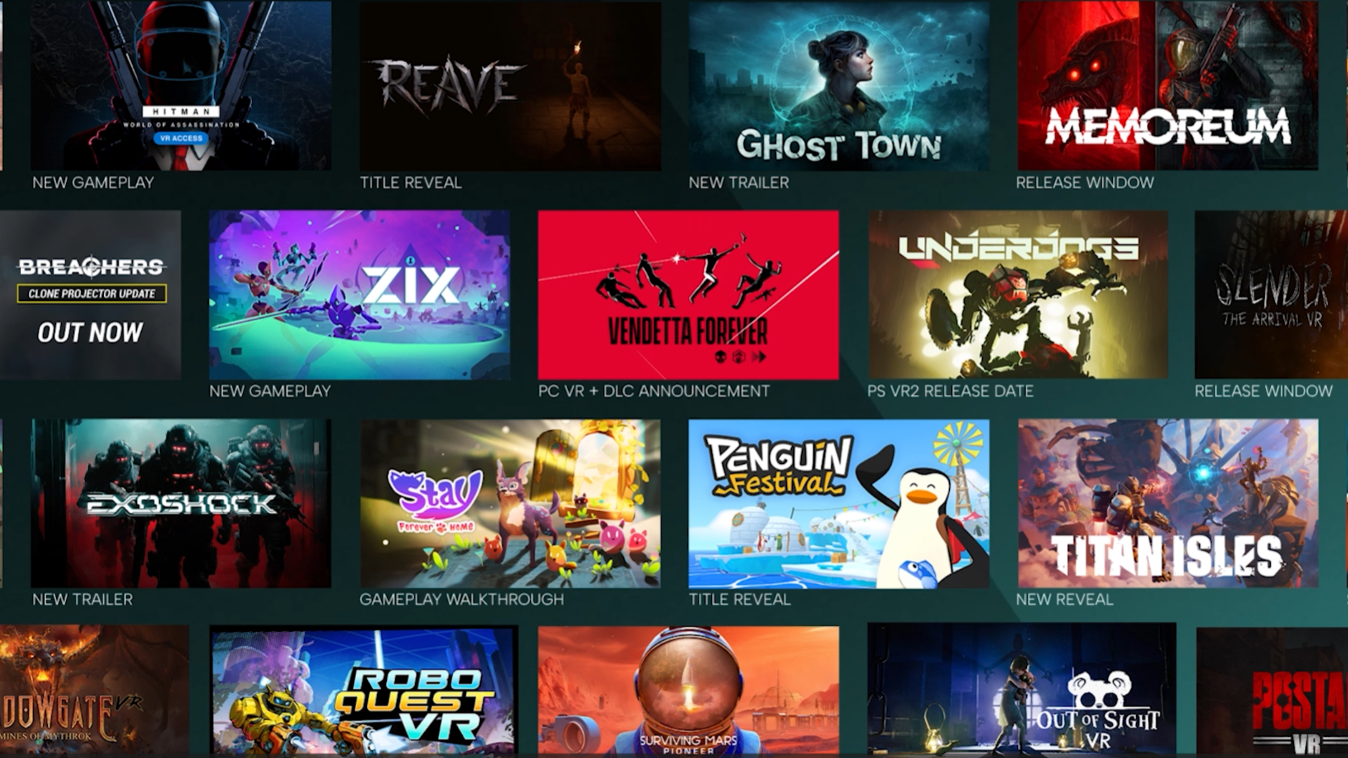 Grid view of VR game announcements with titles such as Hitman, Ghost Town, Memoreum and more, categorized by gameplay, trailer and release information.