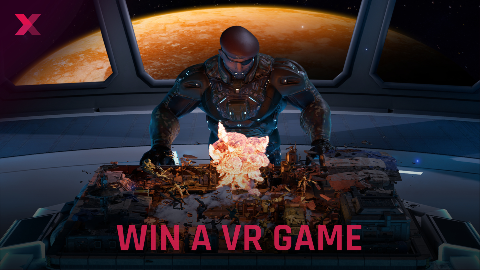 A commander leans against a table in a spaceship on which a combat situation is simulated.