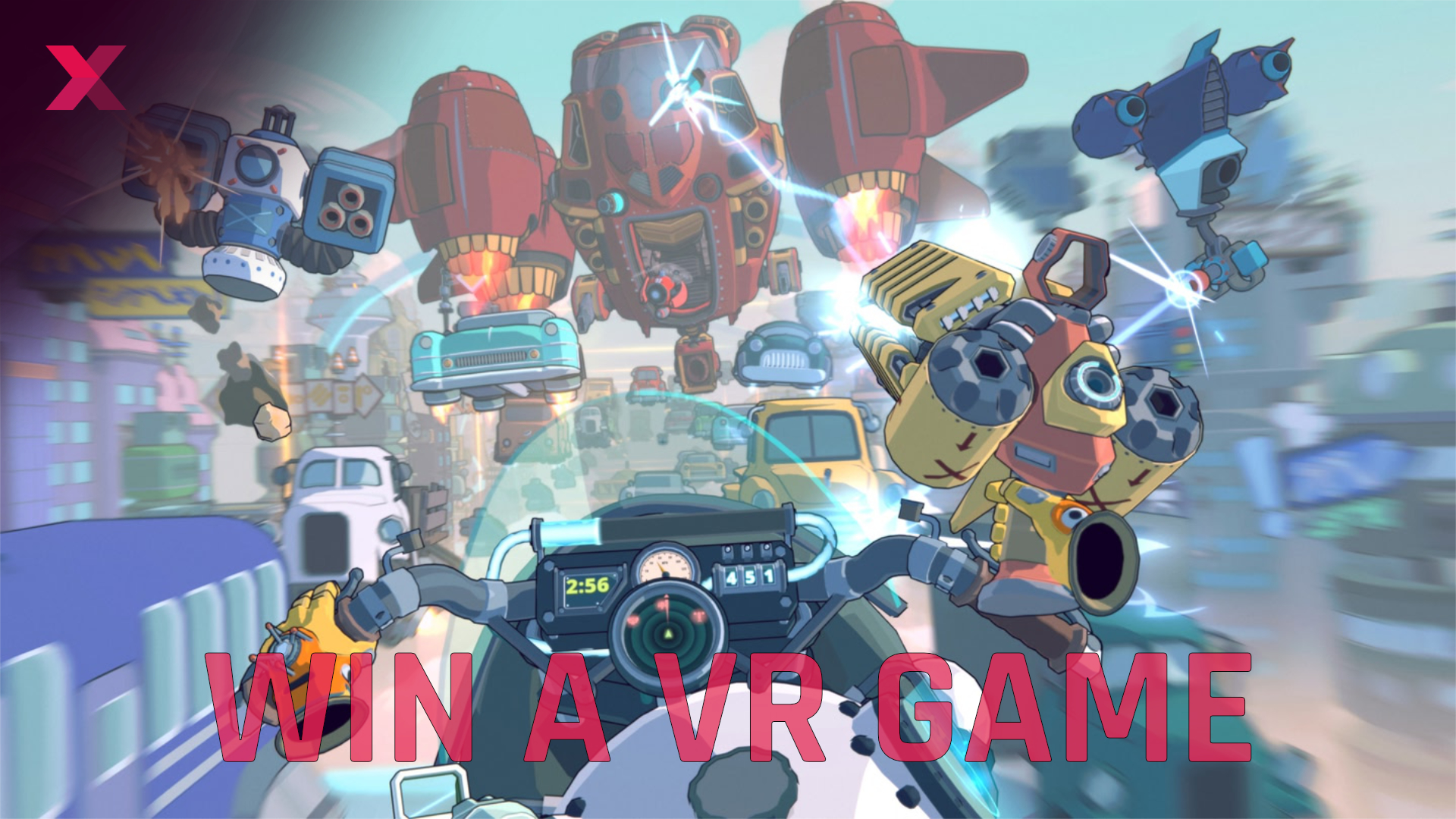 Scene from a video game: motorcycle perspective in a futuristic city, flying cars and robots, text "WIN A VR GAME".