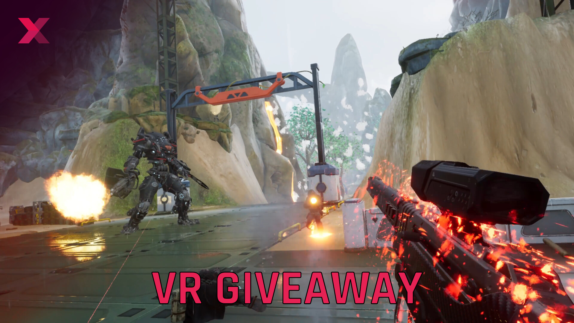 First-person shooter scene: robot fight with glowing weapon, orange helicopter markings and rocky surroundings in VR graphics.