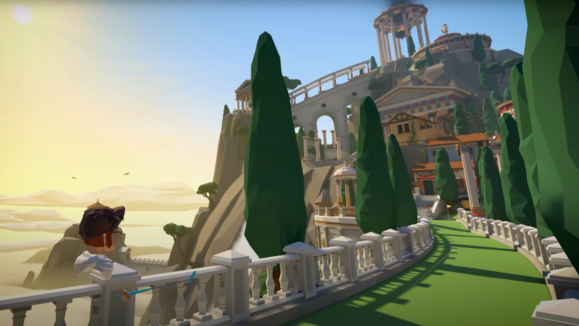 3D-animated palace complex with white colonnades, terraces and cypresses in front of a golden sunset over the sea.