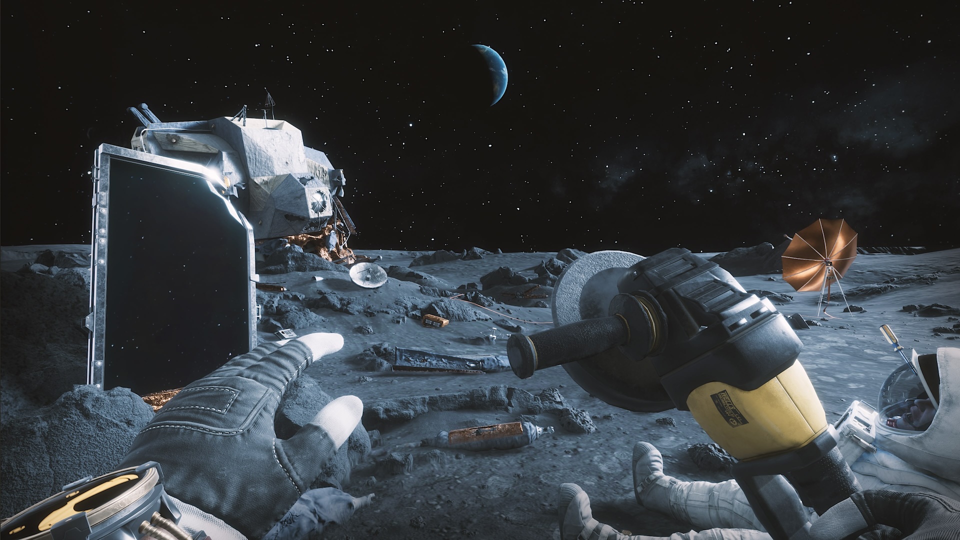 The player stands on the moon, with a space capsule and a dead astronaut in front of him and the earth in the distance.