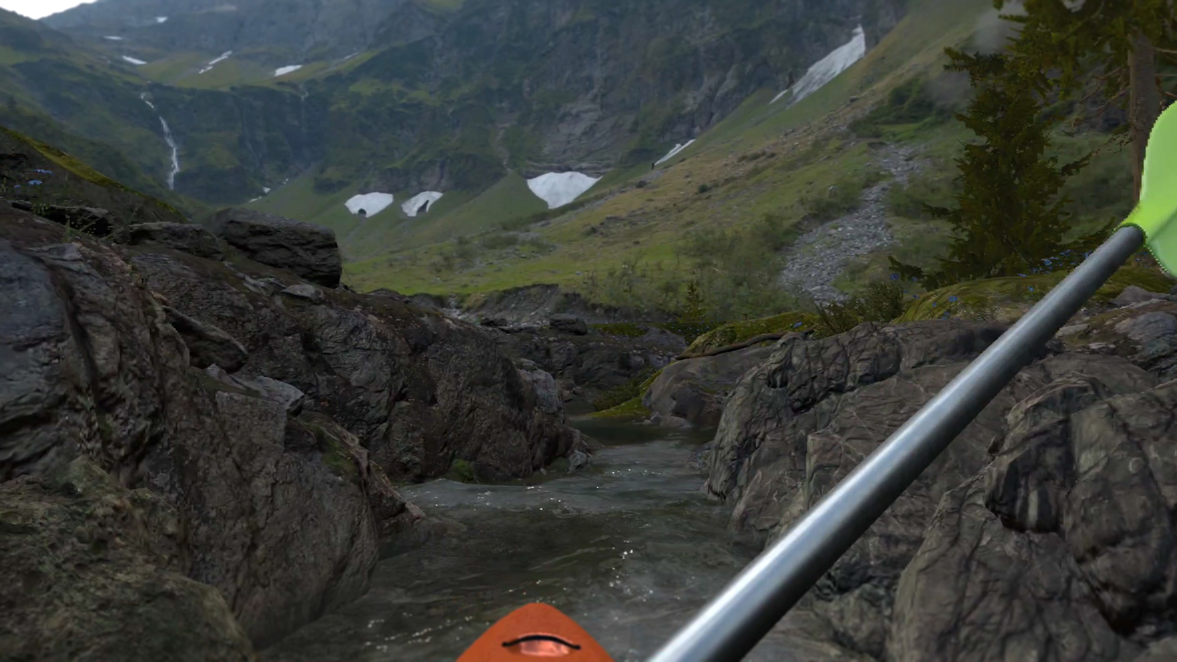 Kayak bug, green paddle, snow-covered mountains, river, hot air balloon, Meta Quest 3.