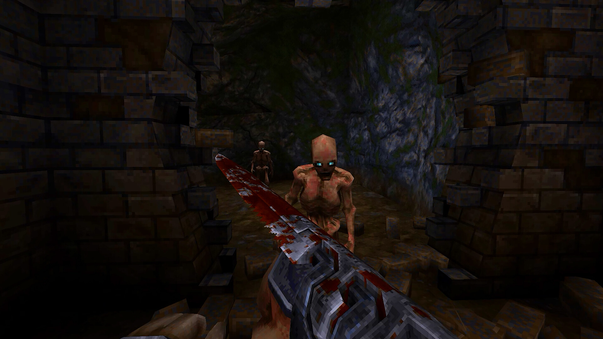 A skeleton with glowing green eyes walks towards the player, who holds a bloody blade in his right hand from a first-person perspective.