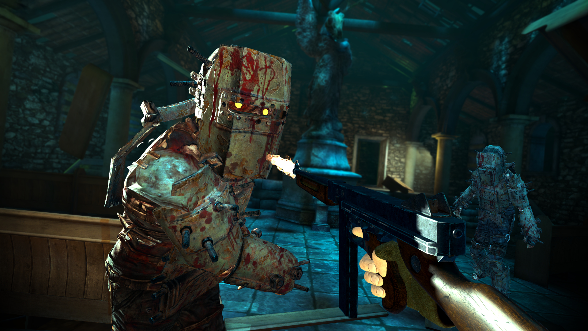 A VR game scene shows the player confronting an attacking zombie wearing a welding helmet with an Uzi.