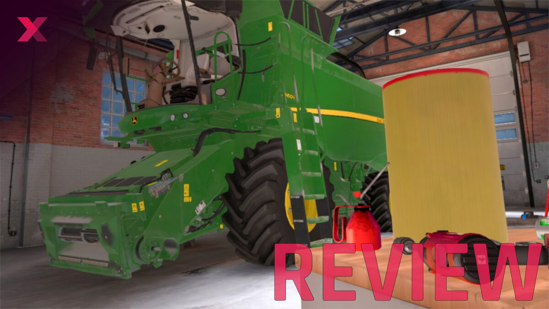 A screenshot of the VR game Farming Simulator VR shows a green combine harvester in a workshop.