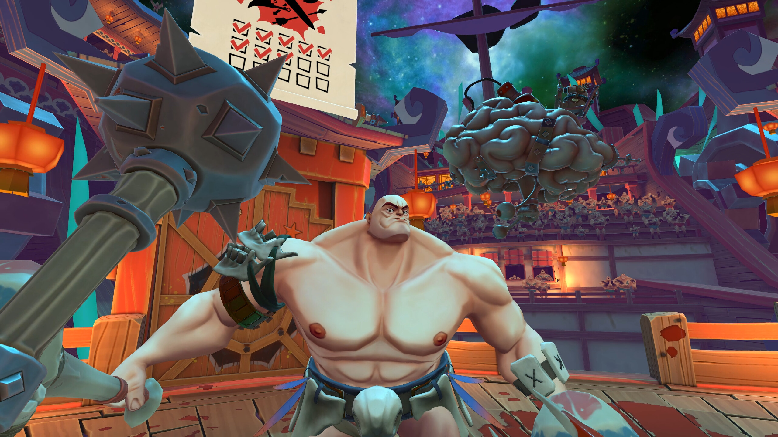 Muscular gladiator with morning star in VR arena, crowd in the background, cartoon style.