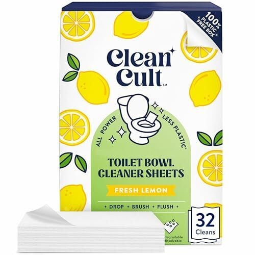 Cleancult Toilet Bowl Cleaner Sheets - Dissolvable, Septic Safe, Effective Cleaning, Removes Stains & Rings, Cleans & Deodorizes - 32 Uses - Fresh Lemon Scent - Plastic-Free Packaging