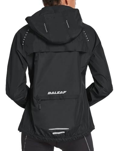 BALEAF Women's Running Rain Jackets Waterproof Windbreaker Windproof Lightweight Cycling Jacket Reflective Packable Hooded Black L