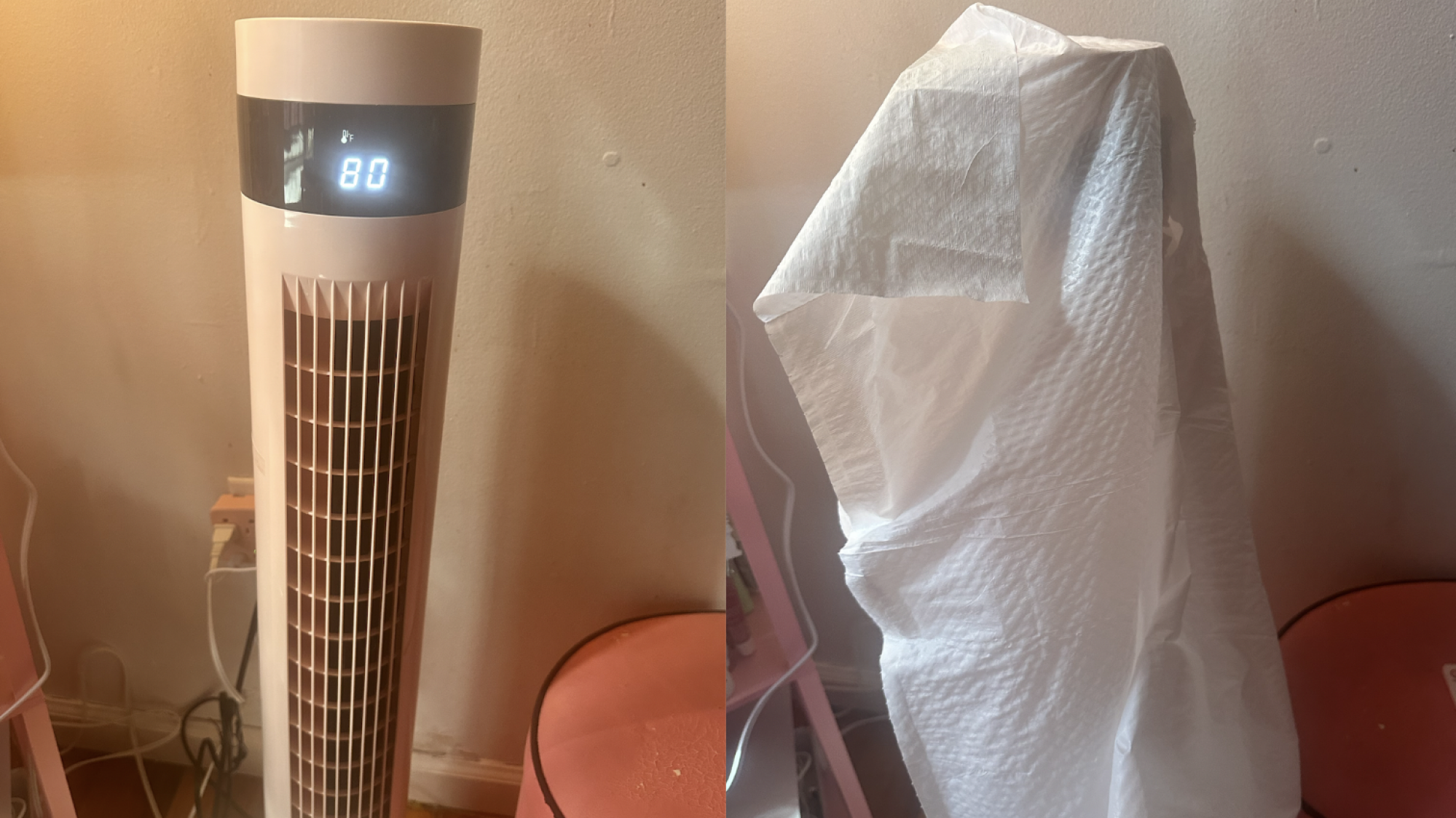 A tower fan under a plastic bag