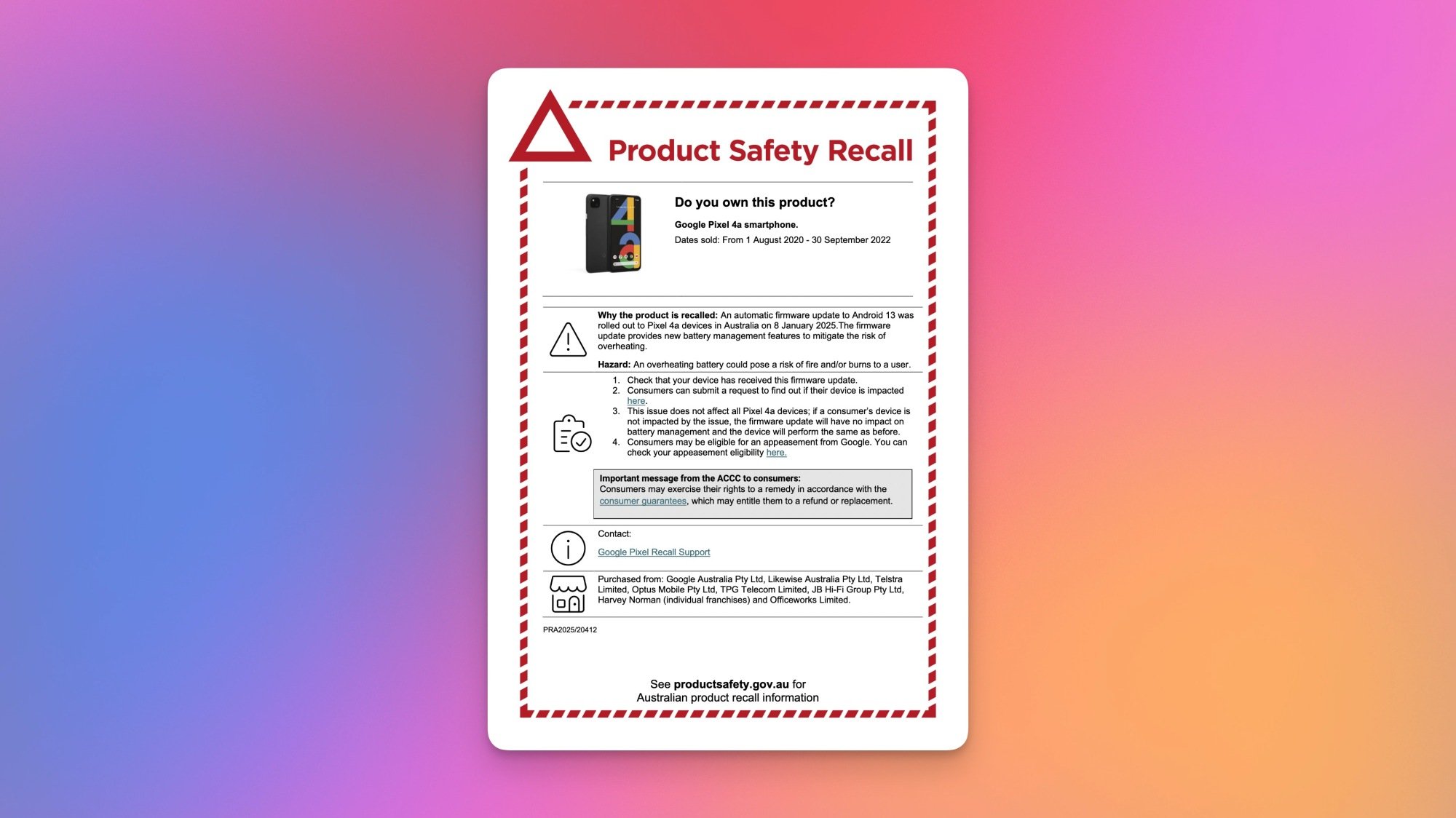 The recall notice for the Pixel 4a in Australia.