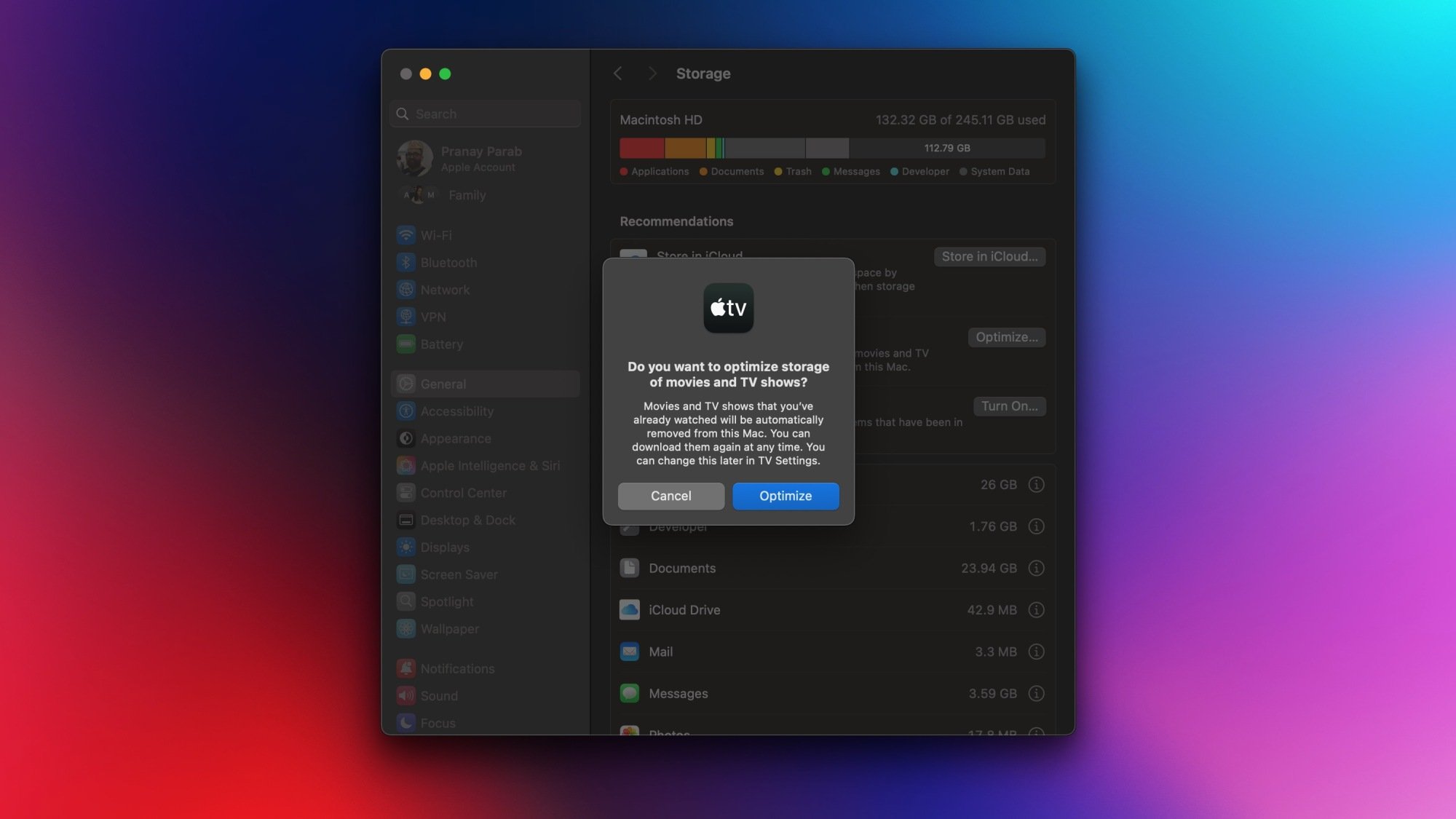 Clearing out downloaded TV shows from the TV app to free up space on a Mac.