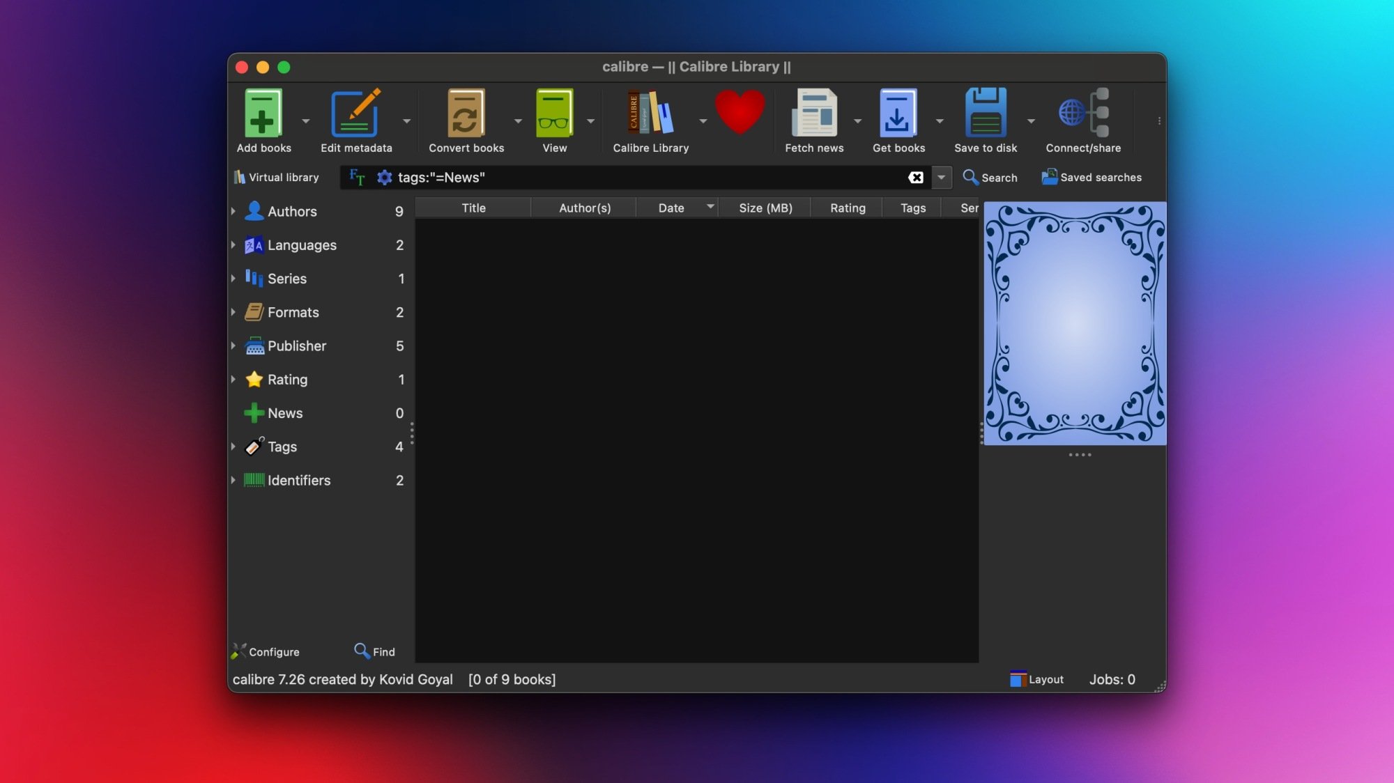 A screenshot of the Calibre app running on a Mac.
