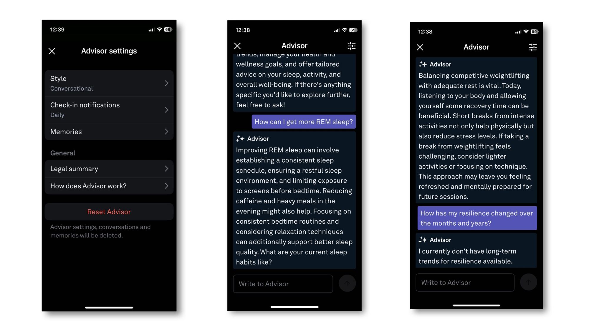 A side by side screenshot of the app features as described below