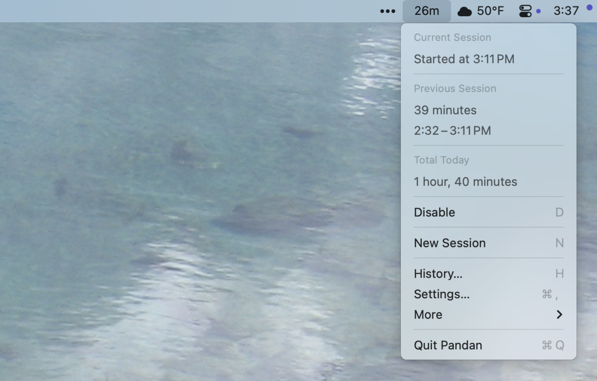 A menu bar icon which is just the number of minutes of the current session—26 in this case. The menu includes when the current sessions started, the length and time of the previous session, and the total time spent today. Below that are buttons for disabling, starting a new session, history, settings, and more, along with the quit option.