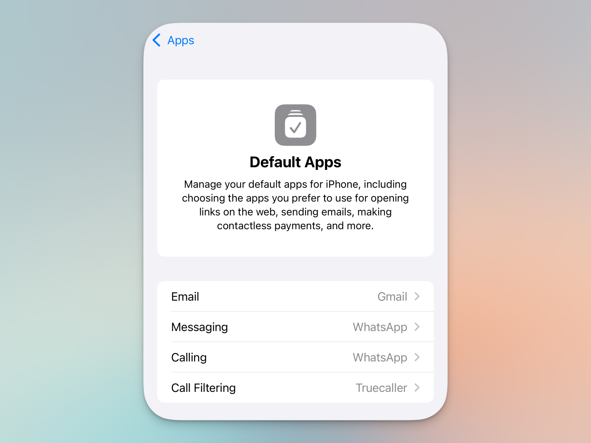 Default Apps hub in Settings for iPhone.