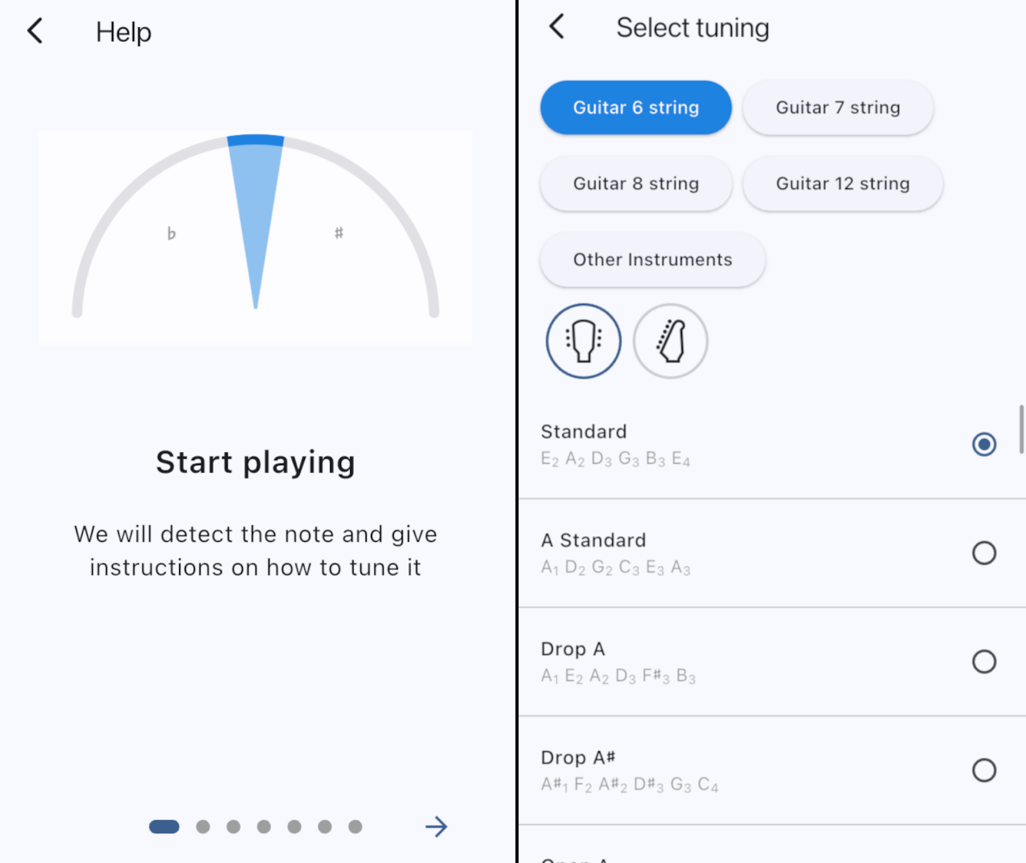 Two screenshots. The first shows the tutorial whne you open the application. The second shows the menu offering different kinds of guitars and alternative tuning schemes