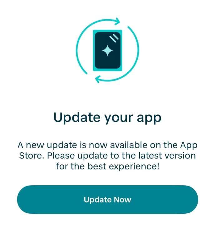 A full-screen Hearth app notification that says "Update your app"