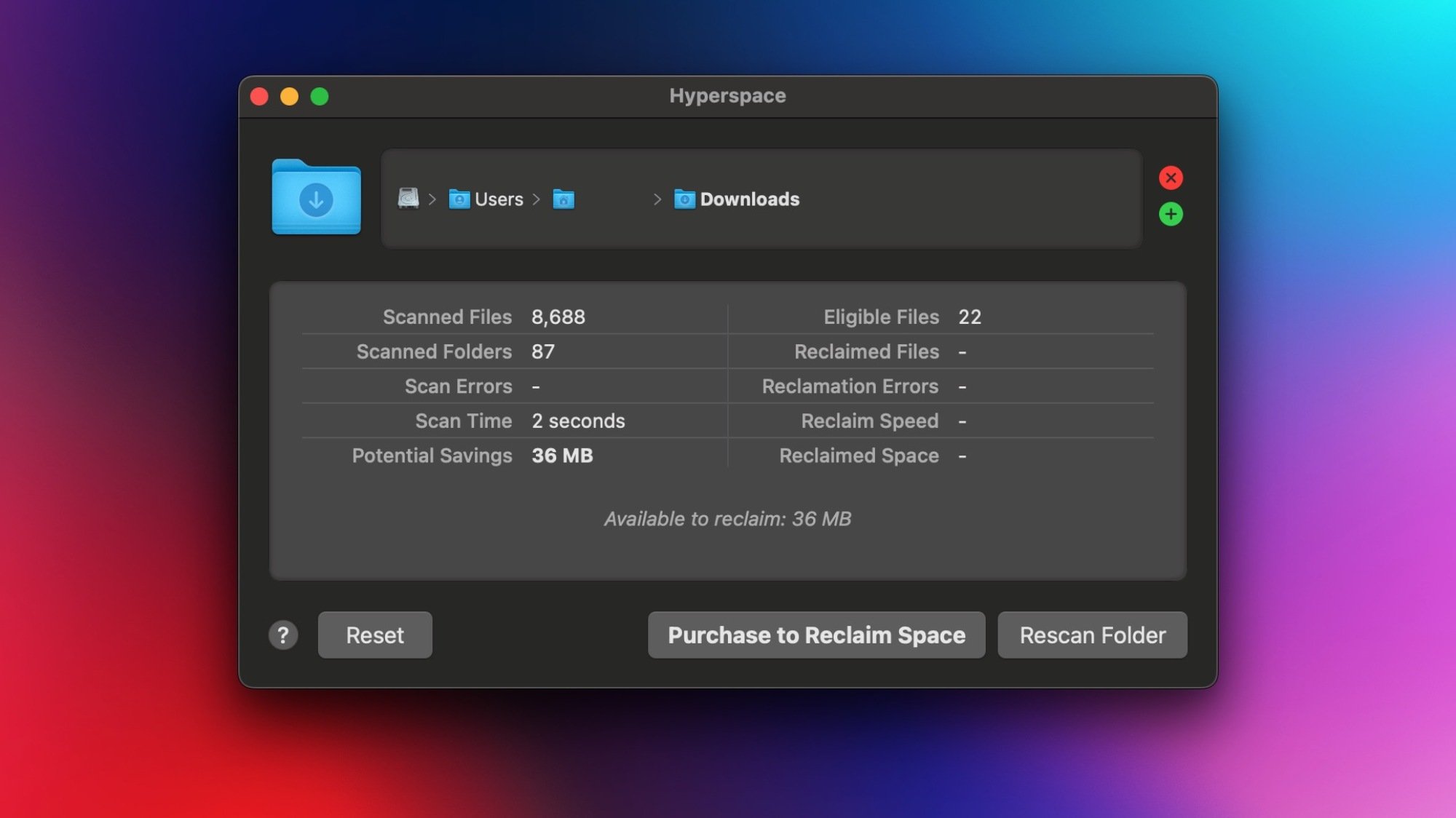 Hyperspace shows it can reclaim 36MB of space from the scanned folder.