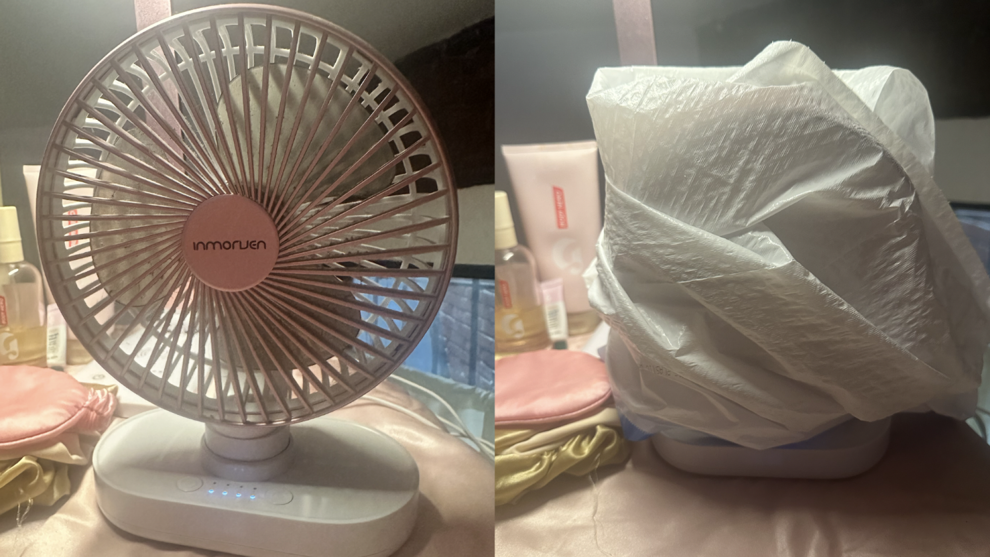 A small fan under a bag