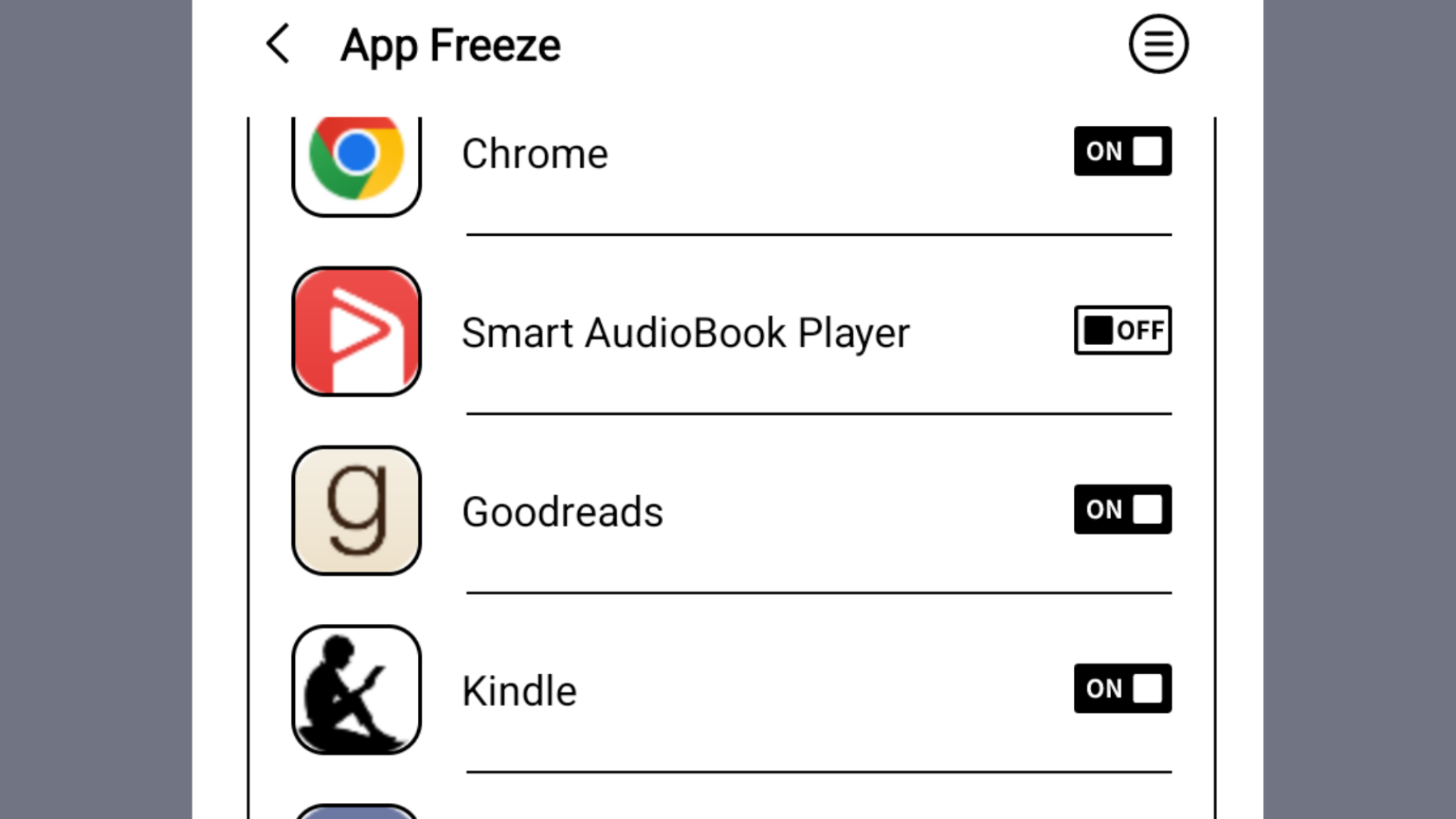 Palma app freeze menu