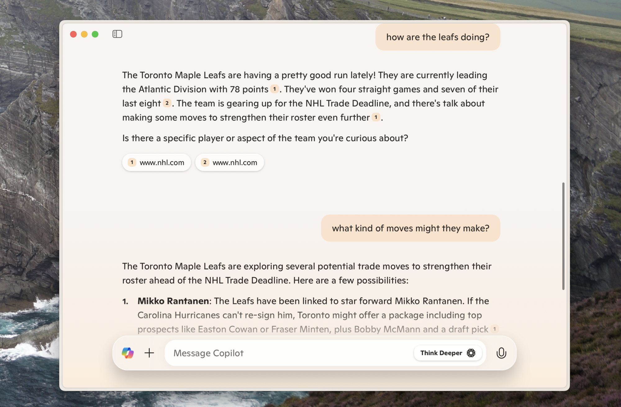 Screenshot of Copilot for Mac speculating that Mikko Rantanen might be traded to Toronto even though Carolina just traded for him from Colorado