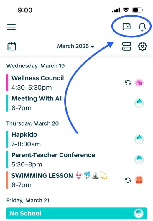 The Hearth app calendar view with a circle around the Hearth Helper chat box