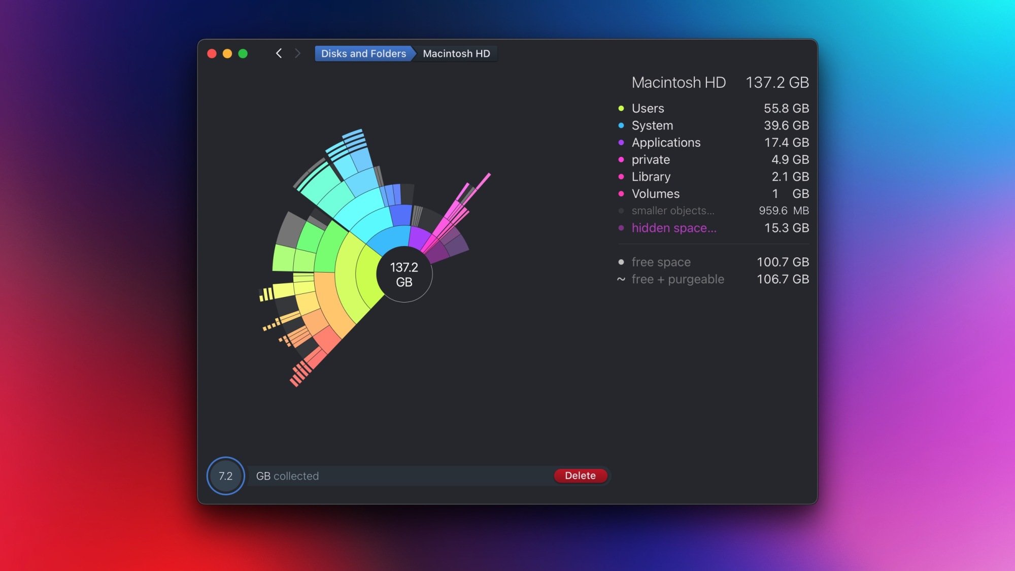 DaisyDisk showing 137GB space occupied on a Mac and 7.2GB in the deletion cart below.