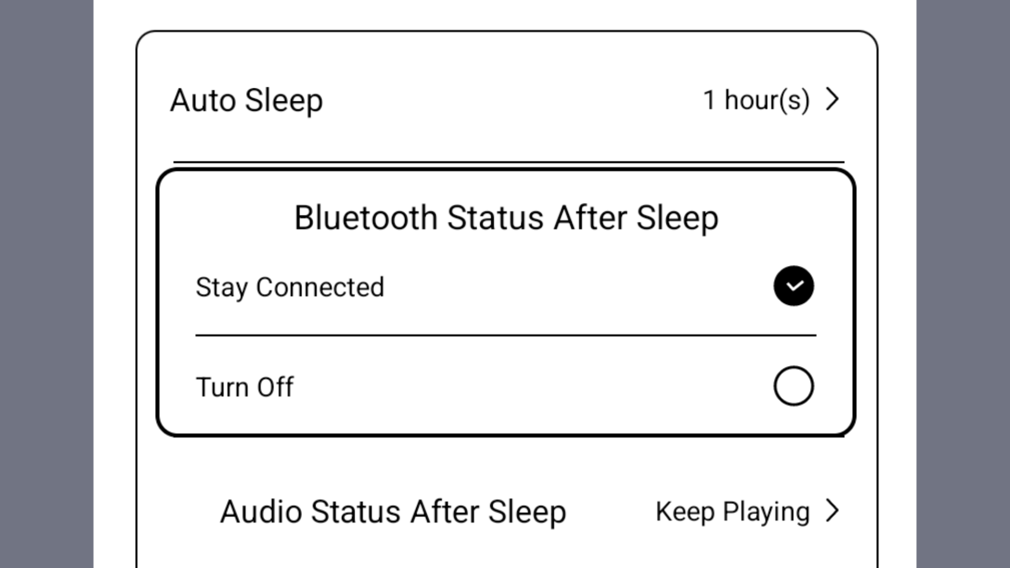 Palma Bluetooth settings menu