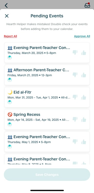 A list of pending events that were imported into the Hearth app