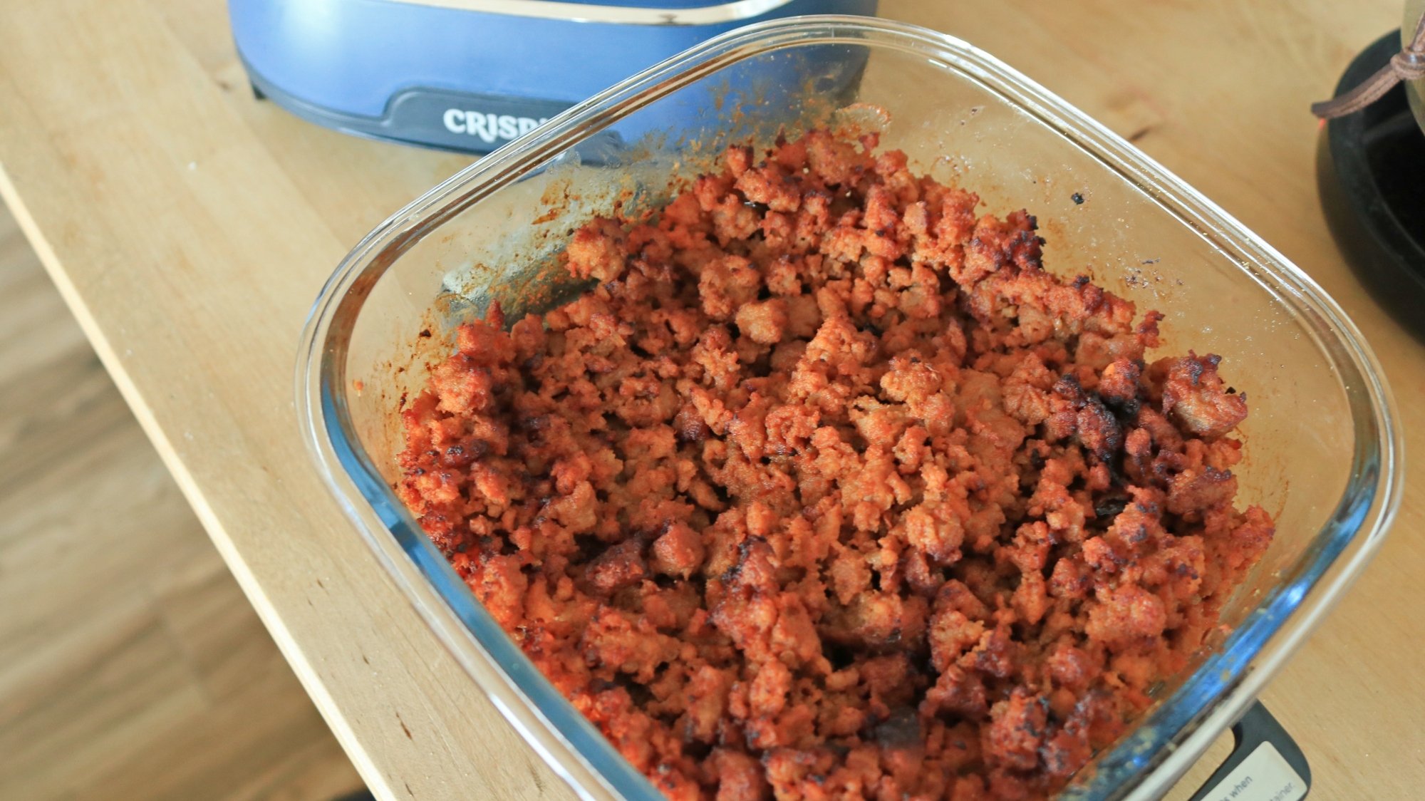 Seasoned ground turkey in the Ninja Crispi container.