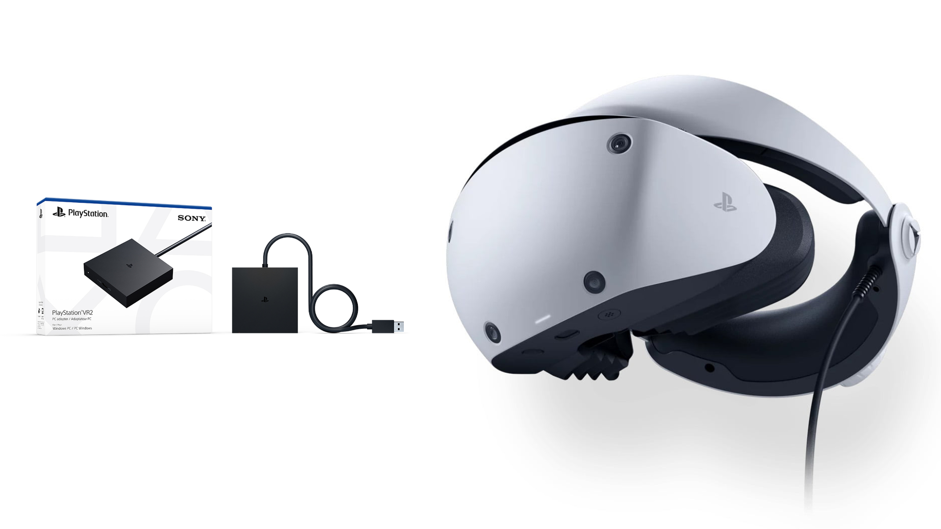 A Playstation VR 2 VR headset and a PC VR adapter.