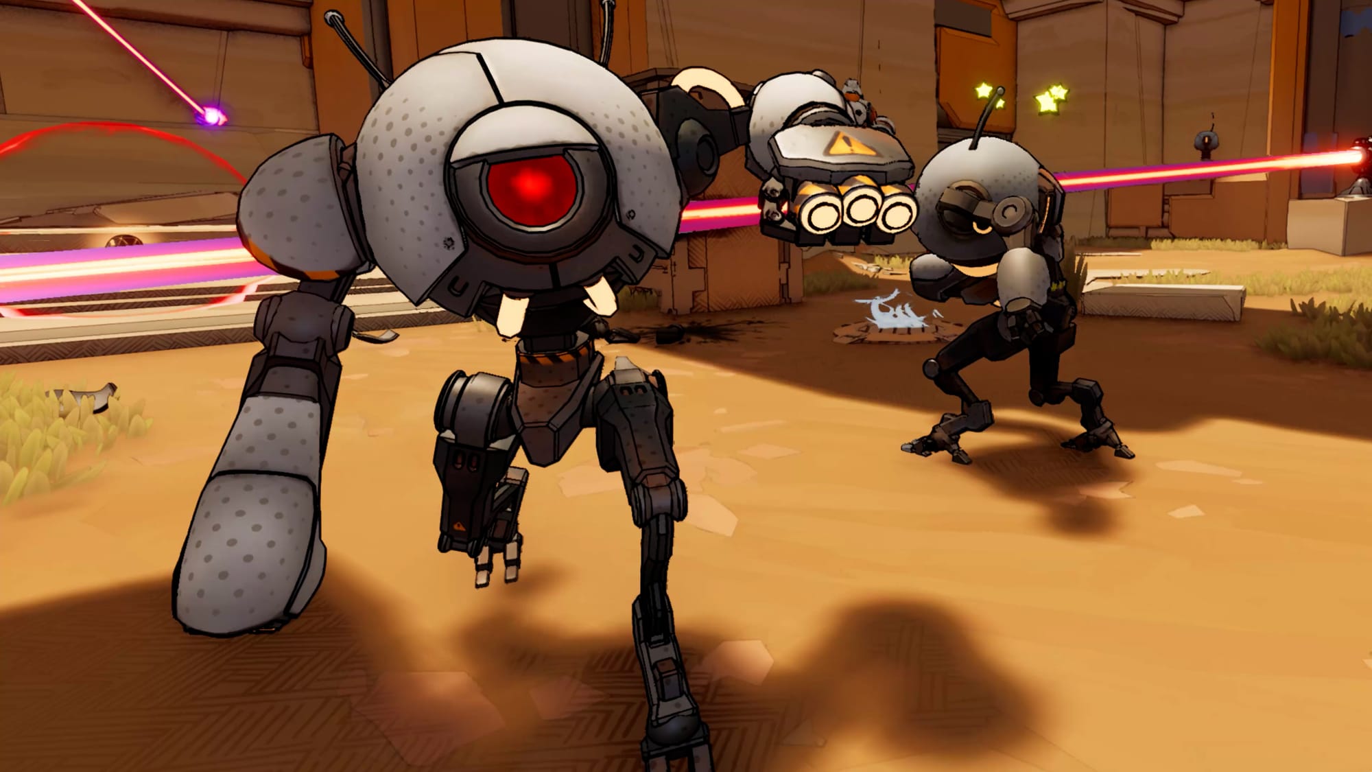 Robot with a big red eye pointing a hand with three built-in guns at you