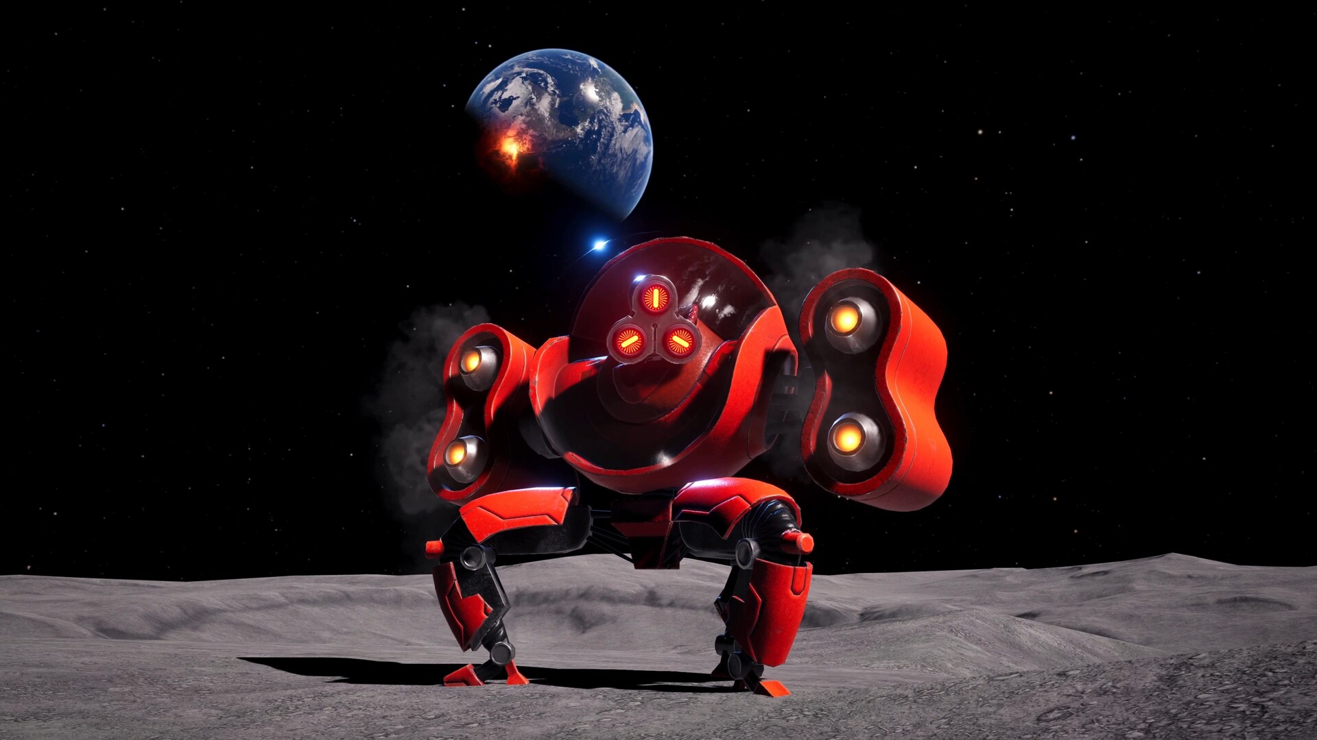 Red combat robot on a lunar landscape in front of an exploding earth. Three red sensors and massive shoulder modules characterize the menacing machine.