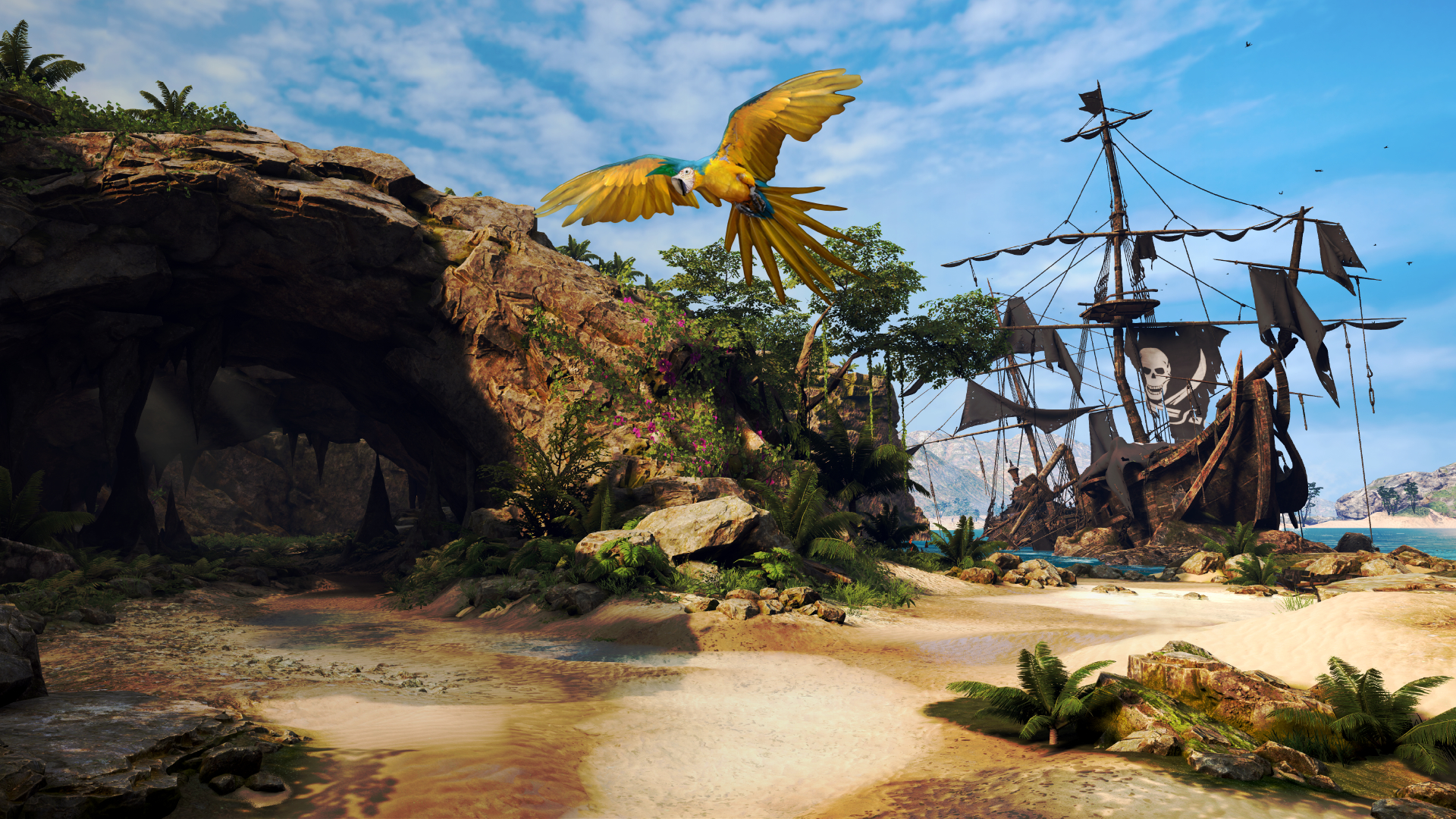 A landscape scene shows the beach of a Caribbean island. A yellow parrot flies over the beach, while the wreck of a pirate ship can be seen in the background.