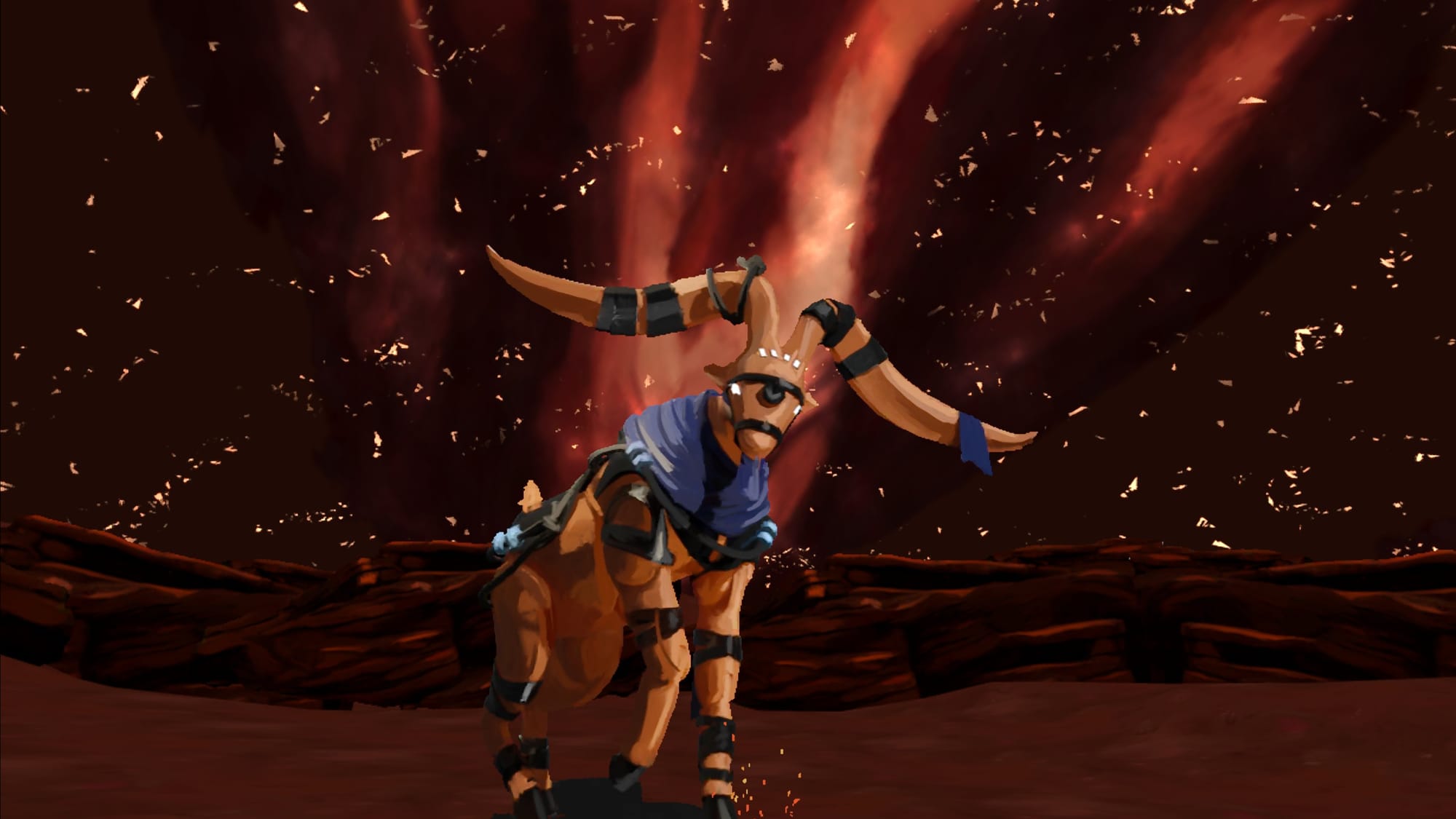 Fantasy creature standing on four legs with two horns sticking out of its head and blue cloth near its neck