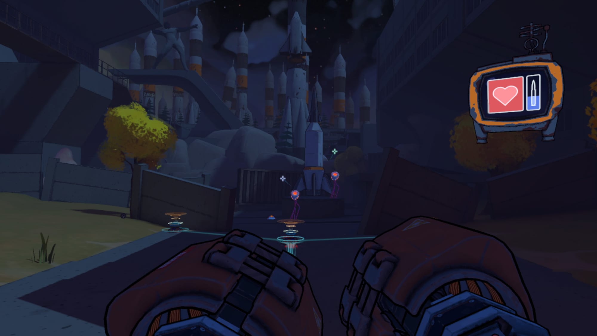 Harpagun screenshot shows enemies on stalks ahead with large spaceship rockets in the background