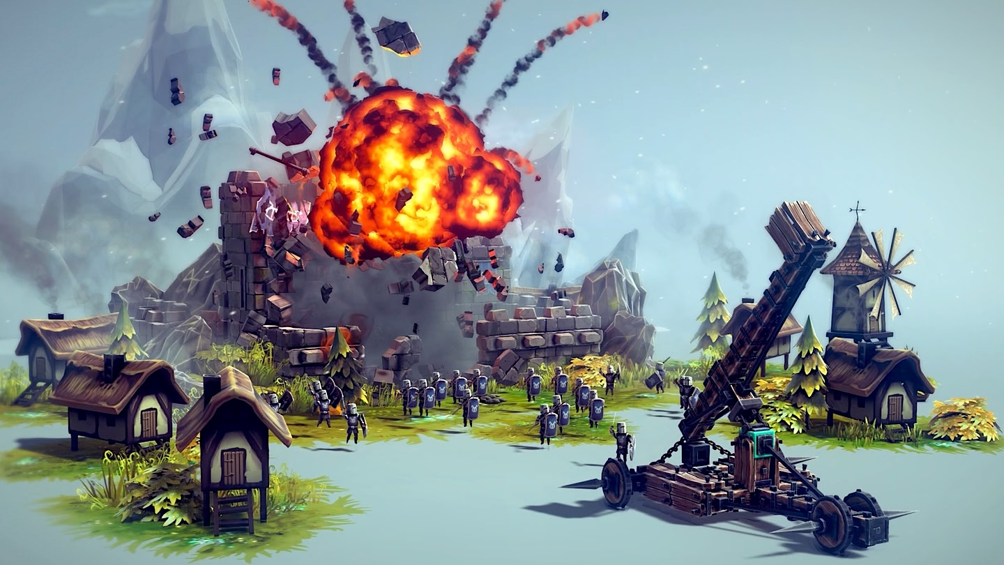 Explosion of a building in a medieval game scene. Knights, a catapult, houses and a windmill are visible.