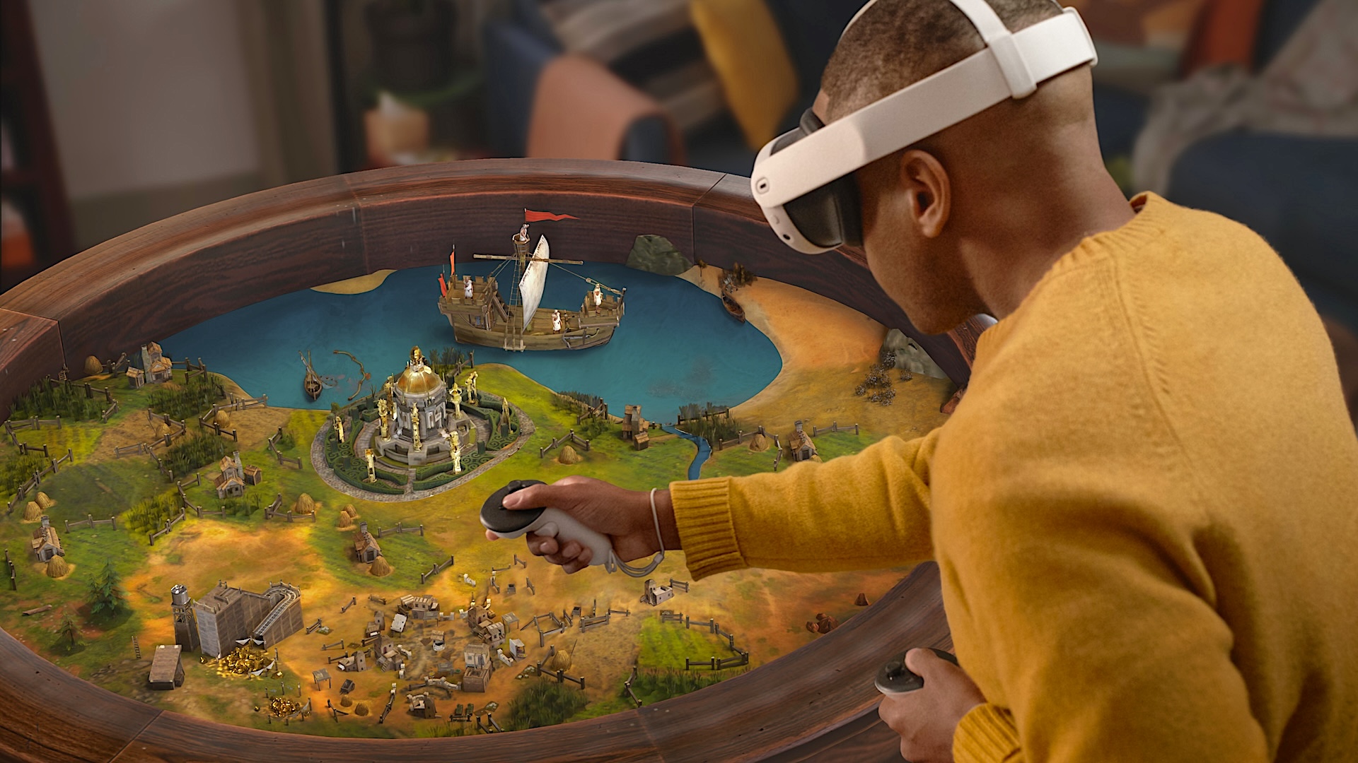 A man with Quest 3 looks at a circular mixed reality landscape from Civ 7.