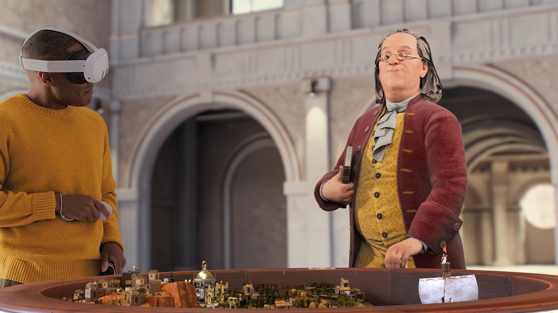 Man with VR headset looking at a city model, next to him is an animated figure of Benjamin Franklin.
