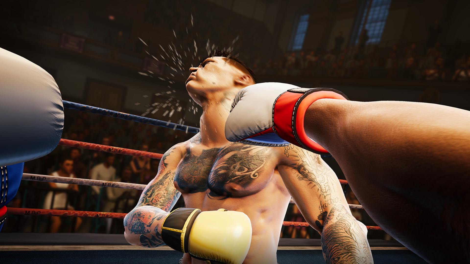 A scene from a VR boxing game shows a tattooed boxer getting a jab to the chin.