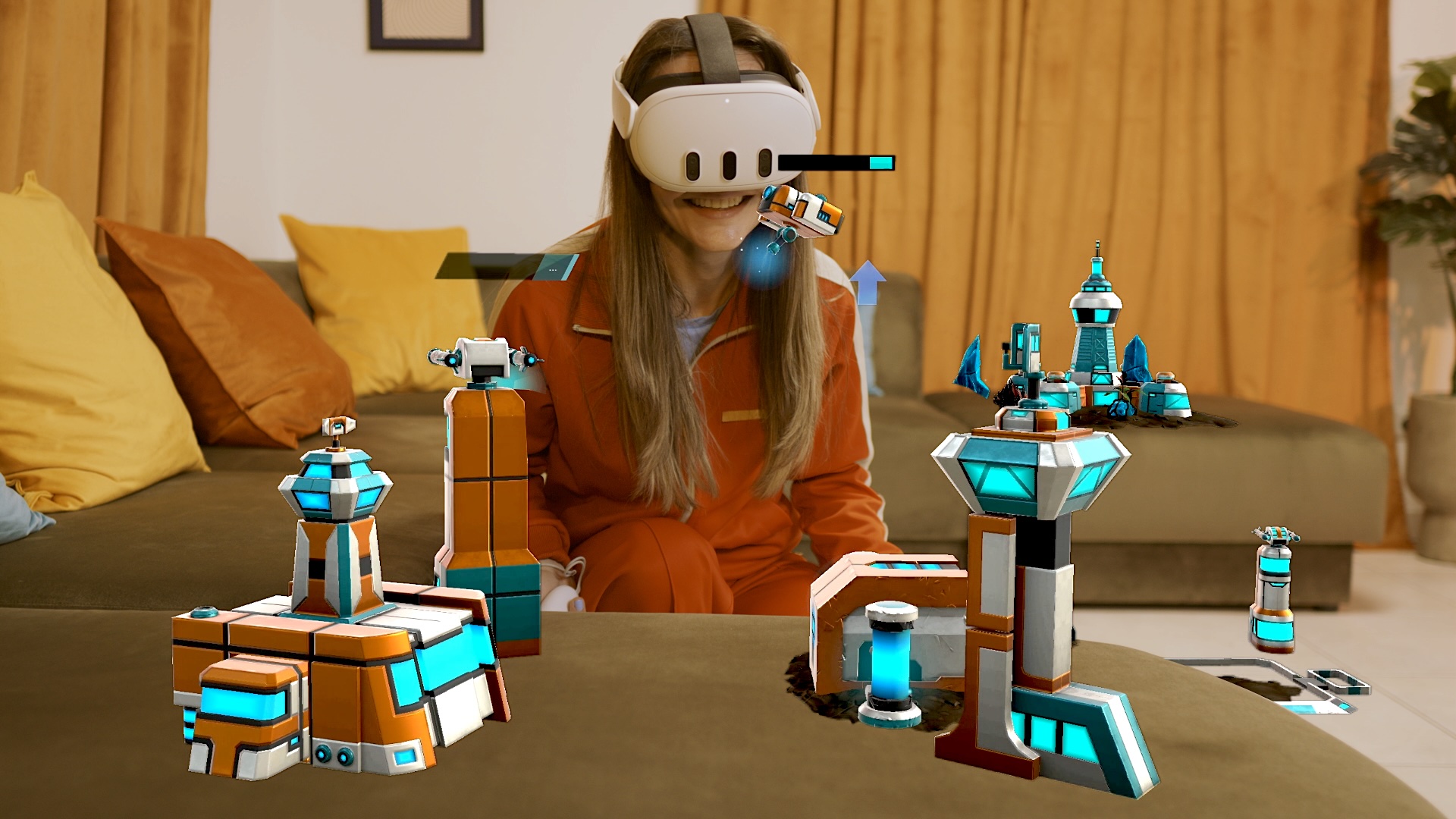 Woman with VR headset interacts with virtual space stations and spaceships in a living room.
